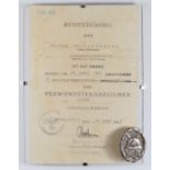 WW2 German Third Reich Nazi U-Boat silver Wound Badge with certificate to Steuermant (Helmsman) Otto