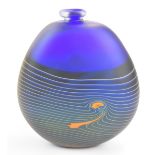 Robert Wynne Denizen glass vase with orange and yellow decoration on blue ground, impressed fire