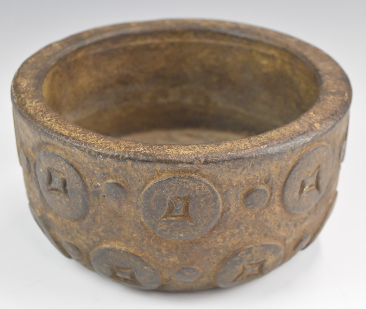 Chinese 19thC cast metal bowl with relief moulded decoration, height 9 x diameter 17.5cm