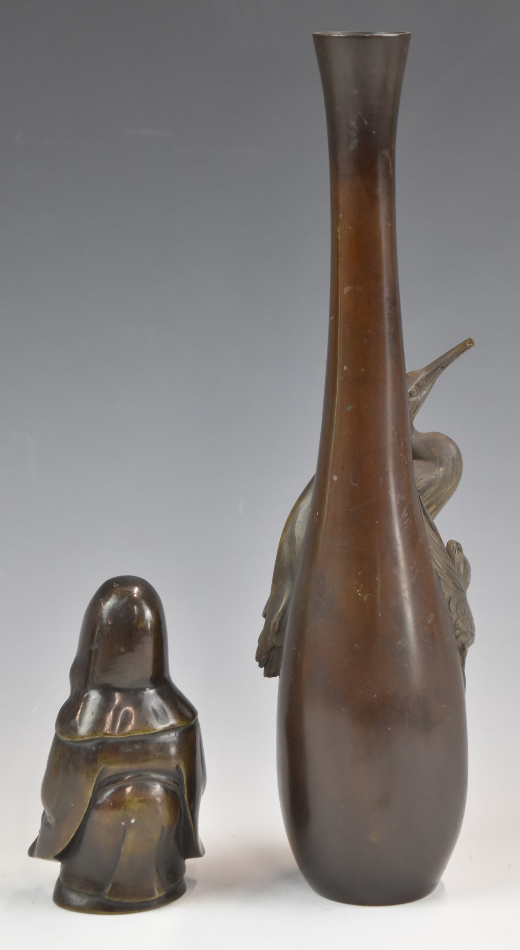 Japanese figural stork bronze vase and a Buddha, tallest 33cm - Image 2 of 2