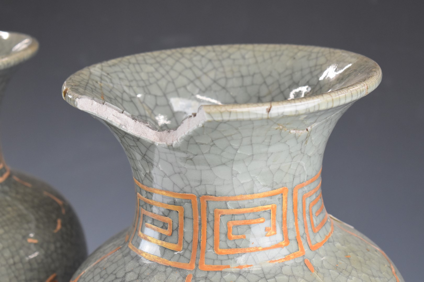 A pair of Chinese crackle glazed vases with flora and fauna decoration and Greek key design to the - Image 2 of 4