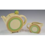 Clarice Cliff for Newport Pottery Bizarre Art Deco teapot and milk jug decorated with concentric