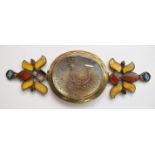 Iranian / Persian 19thC gem set brass and engraved crystal Shia Bazuband with bound hair within