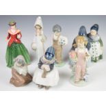 Two Copenhagen figures, Royal Doulton, Lladro and Nao figures, tallest 21cm