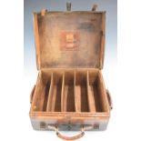 Leather bound oak shotgun cartridge carry case with fitted sectional interior, 36x31x15cm.