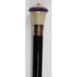 Ebonised walking stick / cane with agate and Blue John knop, hallmarked silver collar and amethyst