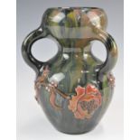 Elton ware studio pottery double gourd shaped three handled vase with applied leaf and berry