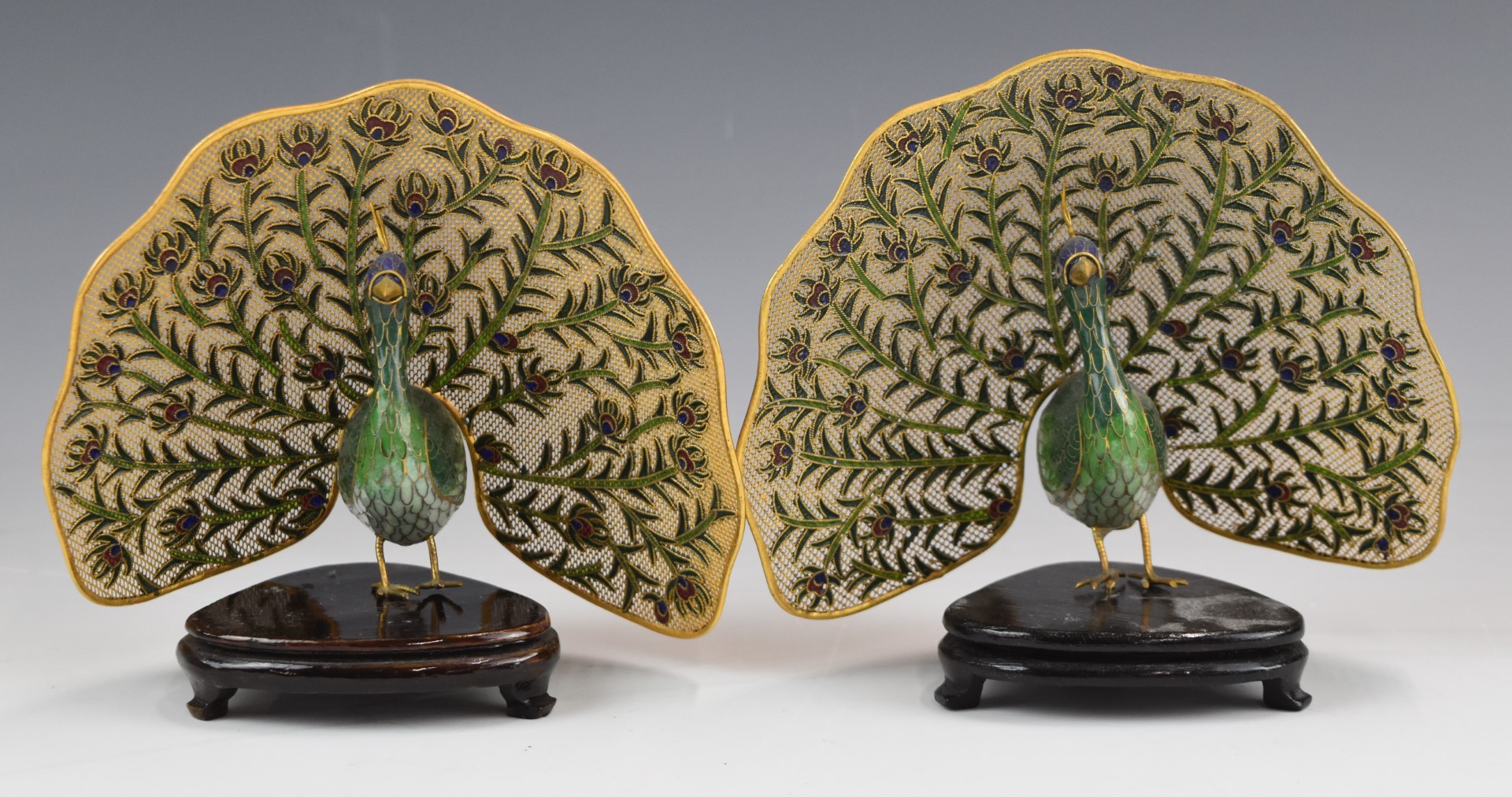 Chinese cloisonné pair of peacocks on stands, W16 x H13cm