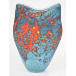 Peter Layton glass vase with orange lava style decoration on blue ground, signed 'Peter Layton' to