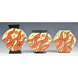 Three signed Lorna Bailey vases decorated in the Inferno pattern, tallest 20cm