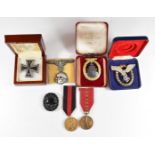 Replica / copy WW2 German badges including pilot's badge, Iron Cross, Deaths Head badge and