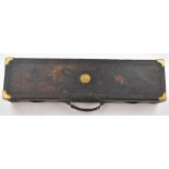 Leather and brass bound double shotgun carry case with 'E W Evans Esqr Alfrick Court' to the brass