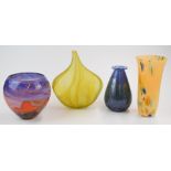 Four pieces of studio art glass comprising Peter St Clair vase, another piece indistinctly signed