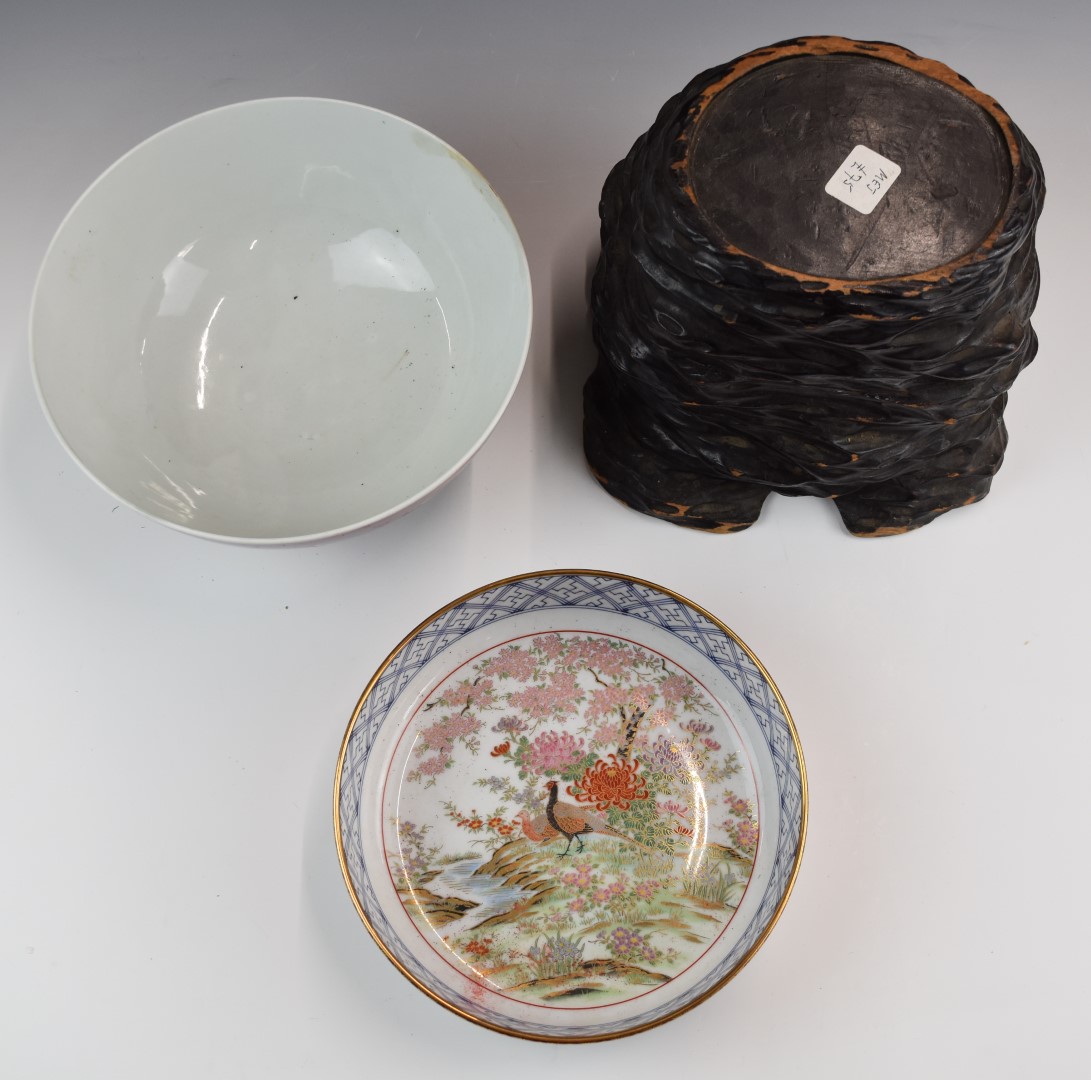 Chinese pedestal bowl, Japanese shallow dish and a large carved wooden stand, tallest 20cm - Image 2 of 3