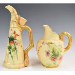 Royal Worcester blush ivory flatback jug and ewer decorated with flowers and a snail, tallest 26cm