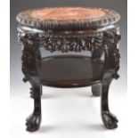 Chinese 19thC padauk wood table with carved and pierced decoration figural legs, ball and claw