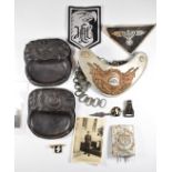 WW2 German Third Reich Nazi replica militaria including two ashtrays, belt buckle, gorget, badges