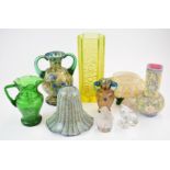 Nine pieces of decorative glassware including uranium Whitefriars style vase, Mary Gregory jug,