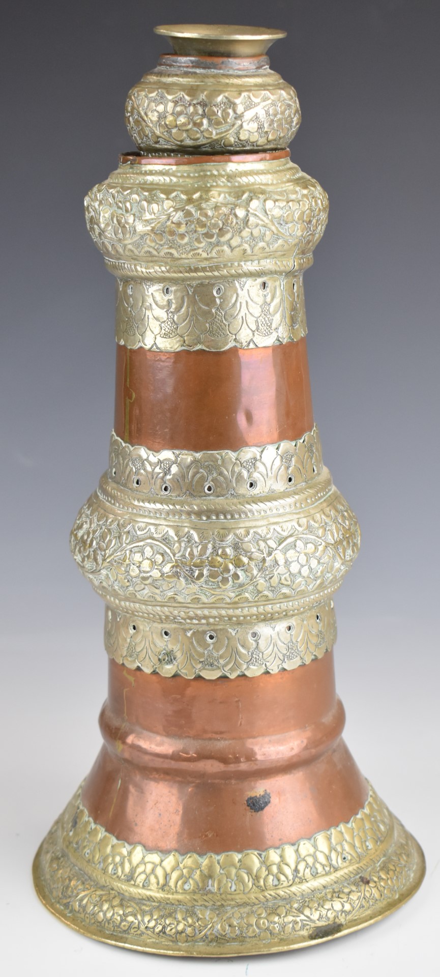 Tibetan copper horn, white metal and copper on brass charger with deity decoration and a pair of - Image 2 of 5