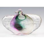 Chris Comins glass scent bottle with green, purple and clear trailed decoration, 12.5cm tall.
