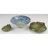 Three pieces of studio pottery including a pedestal dish with dragon decoration, probably Carol