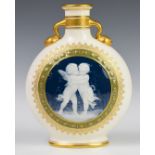 Minton twin handled pedestal pate sur pate moon flask emblematic of love / Cupid, decorated with