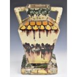 E Simonot Art Deco large twin handled drip glazed pottery pedestal vase, height 45cm