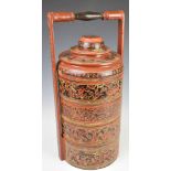 Chinese lacquered sectional tiffin / food carrier with cover, height 48cm and a scroll painting by