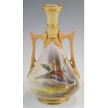 Royal Worcester twin handled pedestal vase decorated with a duck in flight, signed James Stinton,