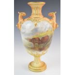 Royal Worcester signed Stinton vase with cattle watering, shape no 1518, height 23cm