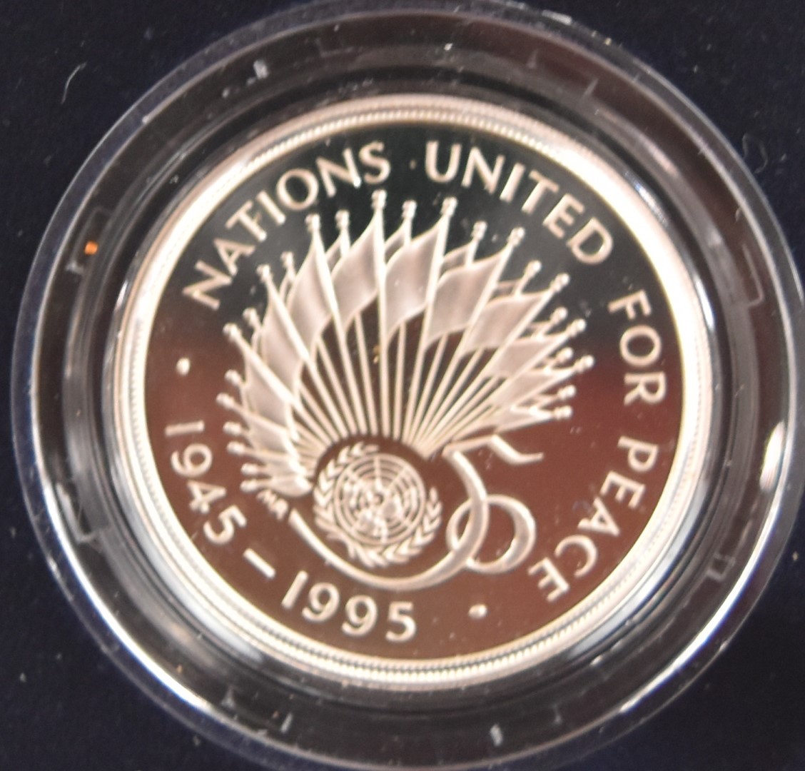 Six Royal Mint silver proof coins comprising a United Nations Anniversary piedfort, a Queen Mother - Image 4 of 7