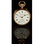 JW Benson 9ct gold keyless winding open faced pocket watch with inset subsidiary seconds dial, blued