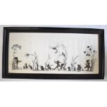 Art Deco embroidery silhouette of a fantastical/magical scene of pixies, mice, hedgehog and