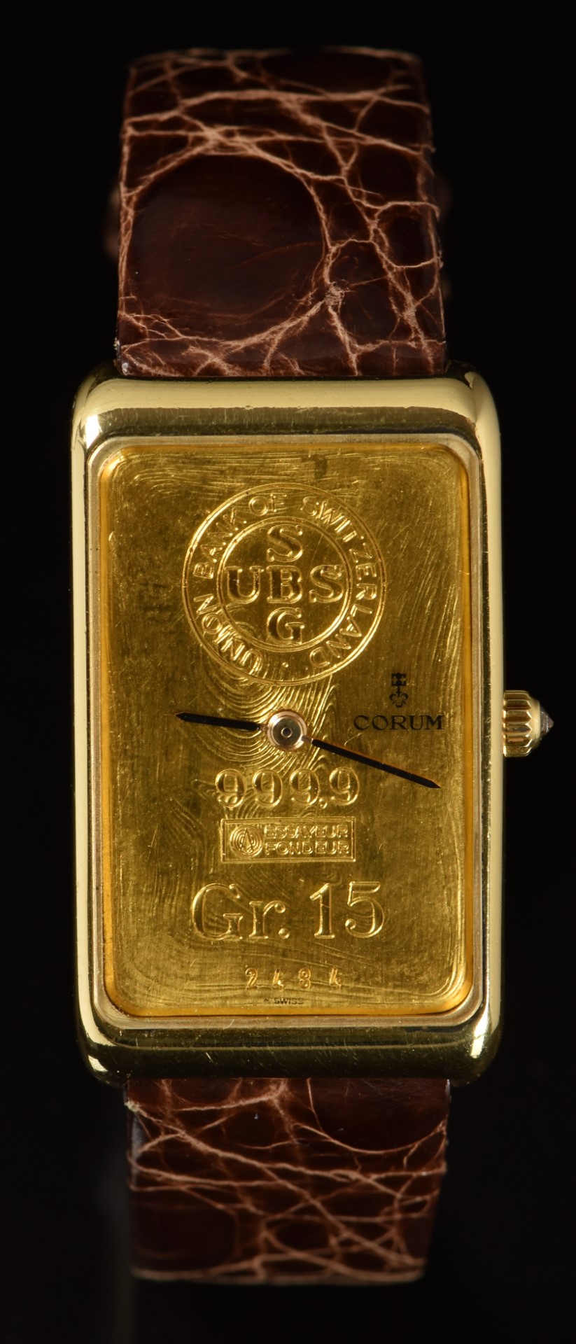 Corum 18ct gold gentleman's wristwatch with 'Union Bank of Switzerland 9999 GR15' ingot dial,