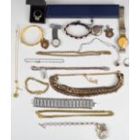 A collection of silver jewellery including ring, two fobs, necklace, bracelet and ring, 10k gold pin