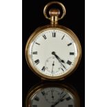 English gold plated keyless winding open faced pocket watch with inset subsidiary seconds dial,