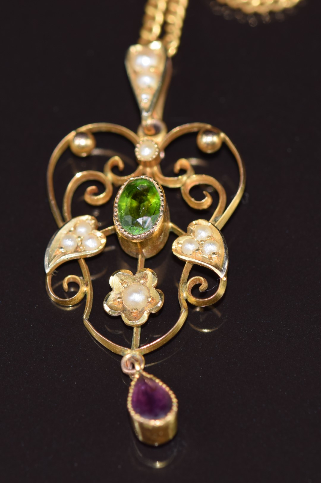 Edwardian 9ct gold Suffragette pendant set with peridot, amethyst and seed pearls, on a yellow metal - Image 2 of 2