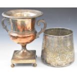 Large silver plated twin handled urn together with a silver plated Eastern pot, height of taller