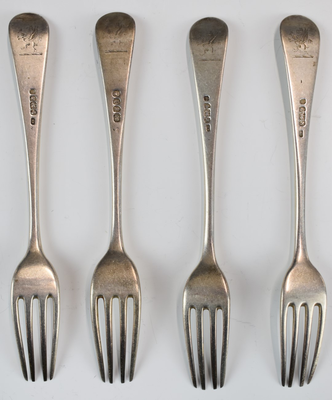 Set of four Georgian hallmarked silver Old English pattern table forks, London 1786, maker's mark - Image 2 of 4