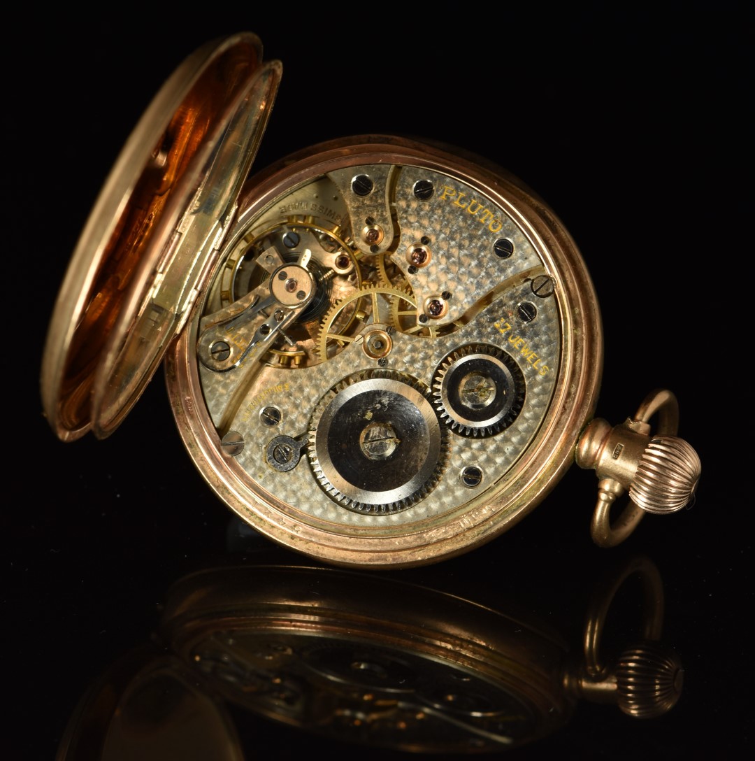 Pluto 9ct gold keyless winding half hunter pocket watch with subsidiary seconds dial, blued hands, - Image 4 of 4
