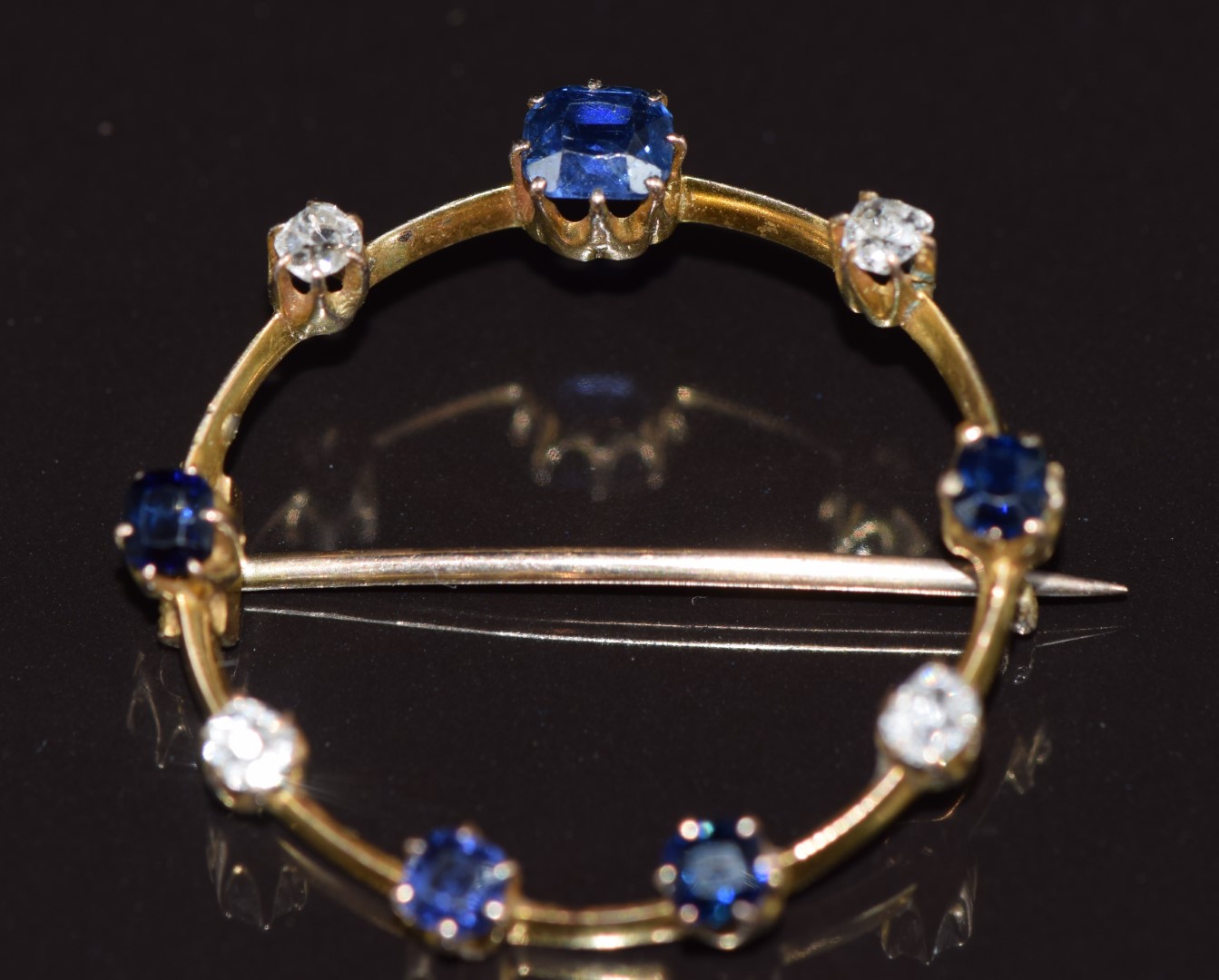 A c1915 9ct gold brooch set with sapphires and old cut diamonds, 2.7g 2.6cm - Image 3 of 3