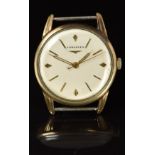 Longines gentleman's wristwatch with luminous hands, gold hour markers, silver dial, gold plated