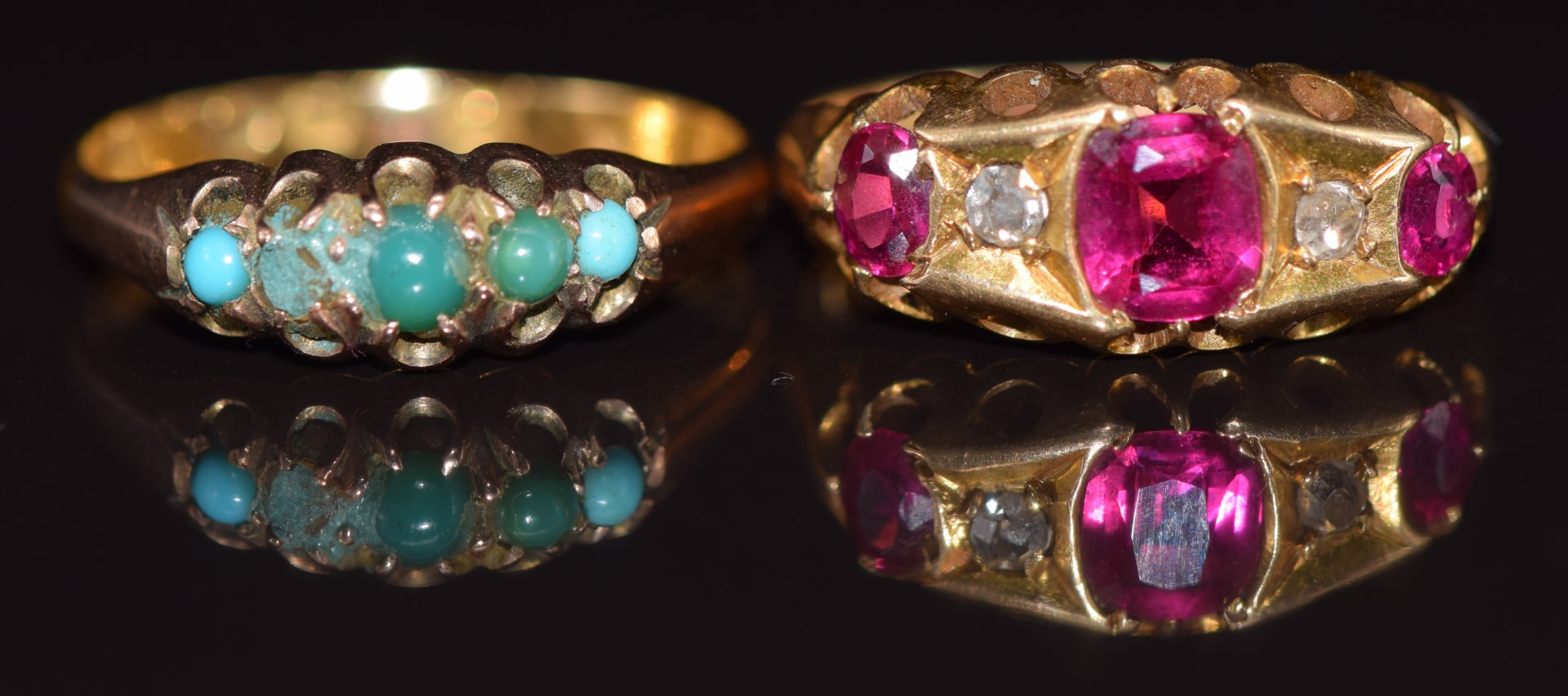 Two c1900 18ct gold rings, one set with turquoise, the other with synthetic rubies and diamonds, 4.