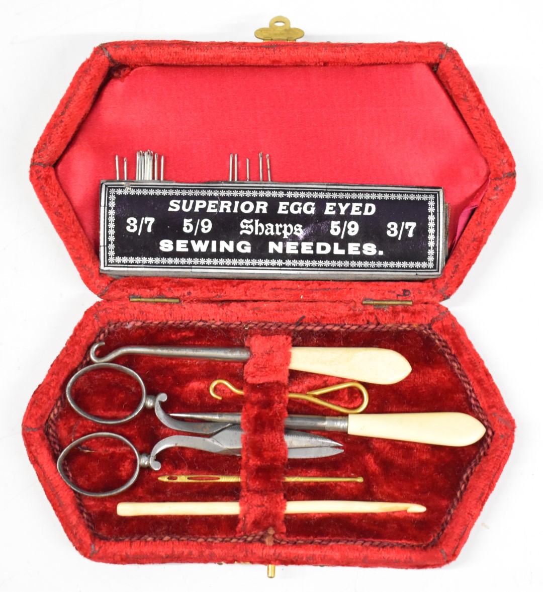 Two cased 19th or early 20th century sewing sets, with cut steel scissors and bone handled tools, - Image 2 of 7