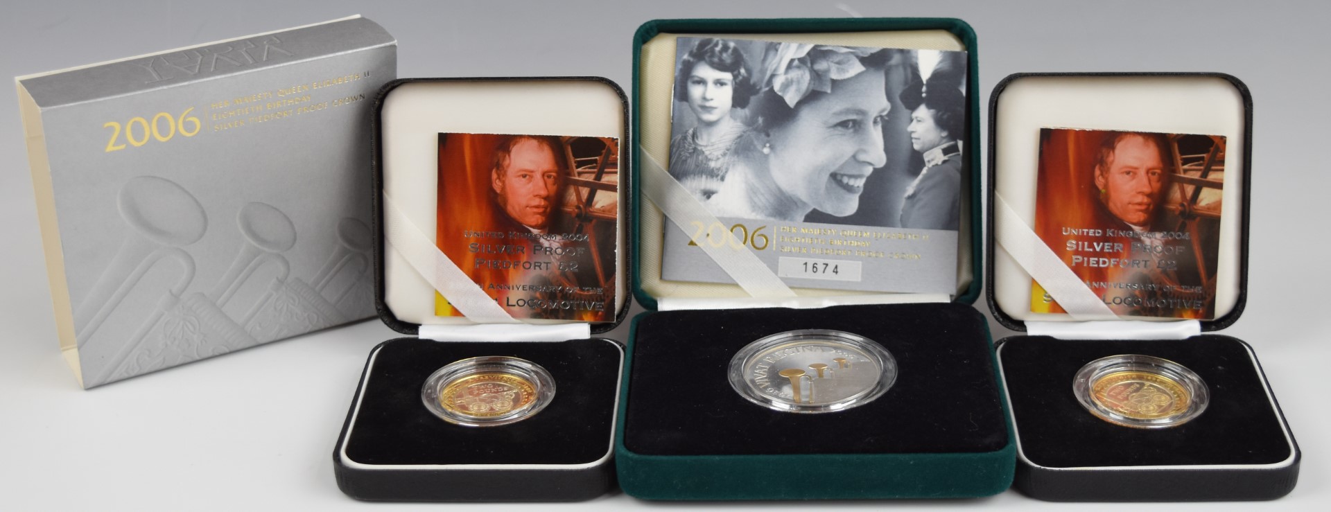 Three Royal Mint silver proof cased Piedfort coins comprising a crown commemorating Queen