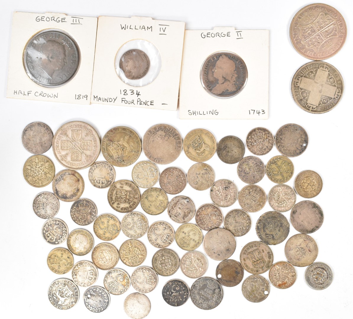 Georgian and later pre 1947 British silver coins including George II 1743 shilling, William IV - Image 2 of 2