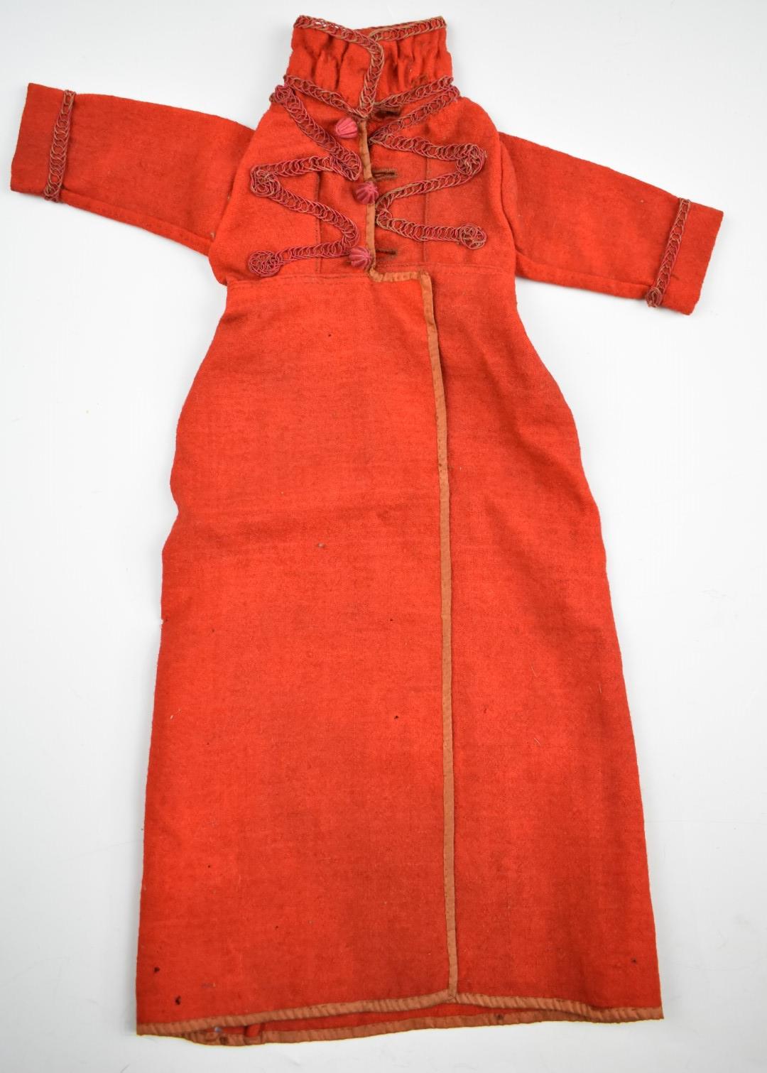 18th / 19thC woollen doll's dress with embroidered decoration and cloth buttons, length 45cm