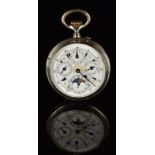 White metal keyless winding open faced triple calendar pocket watch with moonphase, blued hands,