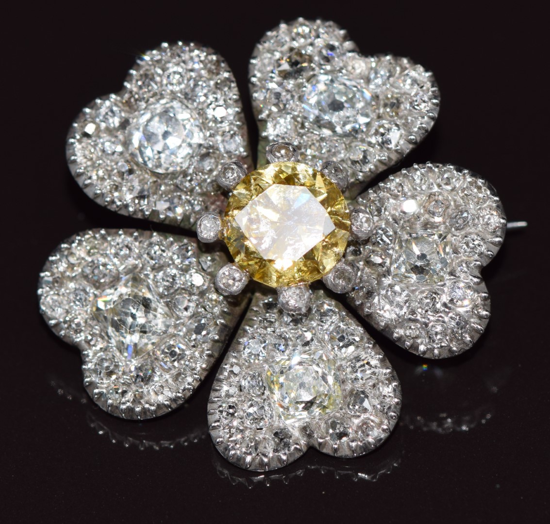 Late Victorian white gold trembler brooch set with a natural yellow diamond of approximately 2.