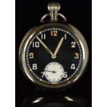 Unnamed keyless winding open faced military pocket watch with white subsidiary seconds dial,